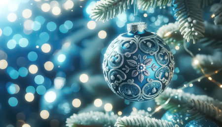 Blue Christmas ball on a branch of a Christmas tree with bokeh background.の素材