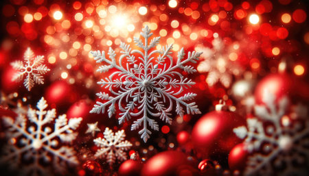 Christmas background with snowflakes and red baubles. Shallow depth of fieldの素材