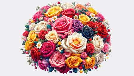 Bouquet of colorful roses on white background. Top view.の素材