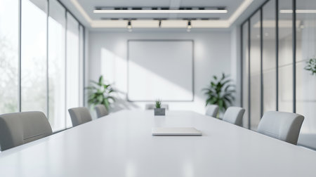 White conference room with white walls, a long white table and rows of gray chairs. 3d rendering mock upの素材