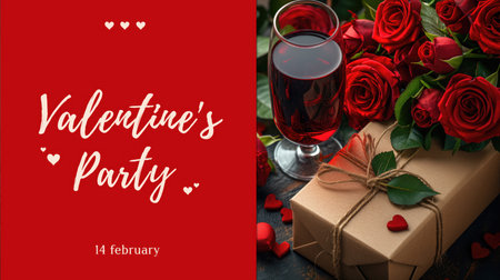 Valentine's day greeting card with red roses, gift box and glass of wine.の素材