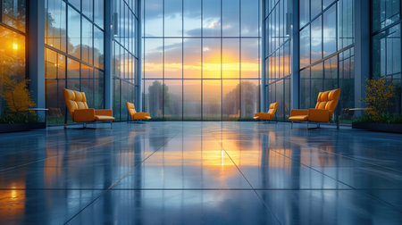 Modern office lobby with orange armchairs at sunset. 3D renderingの素材