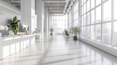 Modern office interior with white walls, concrete floor, rows of computer tables and glass wall.の素材