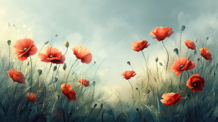 poppies in the meadow - vintage retro effect style pictureの素材