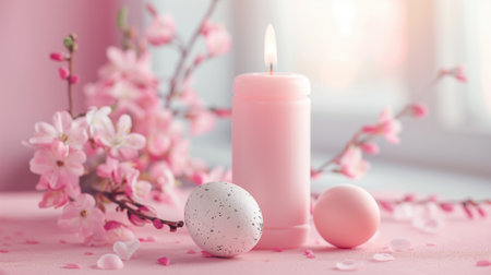 Easter eggs, candles and spring flowers on a pink background.の素材