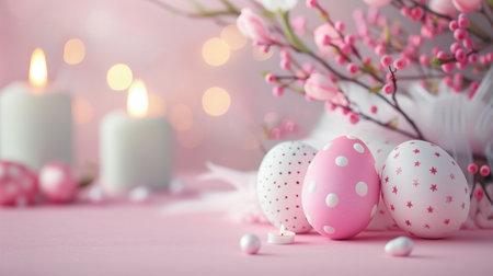 Easter eggs and spring flowers on pink background with bokeh lightsの素材
