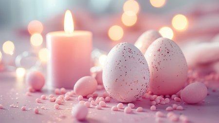 Easter eggs and candles on a pink background with bokehの素材