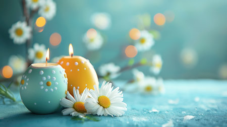 Decorative Easter candles and daisies flowers on blue background with a soft bokeh effect.の素材
