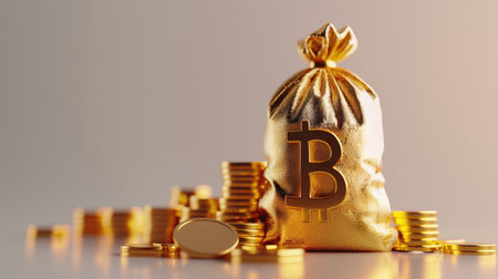 Golden money bag with bitcoin symbol and gold coins on a grey backgroundの素材