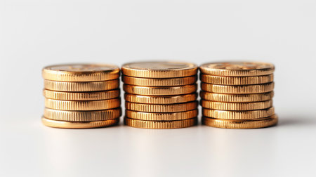 Coins stacked on each other in different positions on a white backgroundの素材