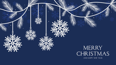 Merry Christmas and Happy New Year card with snowflakes on blue backgroundのイラスト素材