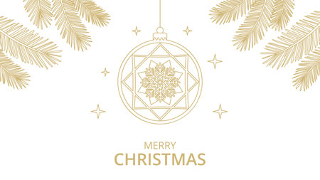 Merry Christmas greeting card with hanging christmas decorations. Vector illustration.のイラスト素材