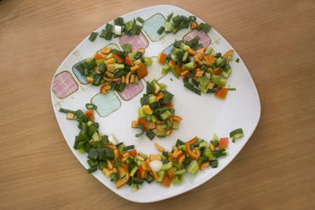 Chopped vegatables in a plate forming a smiling faceの写真素材
