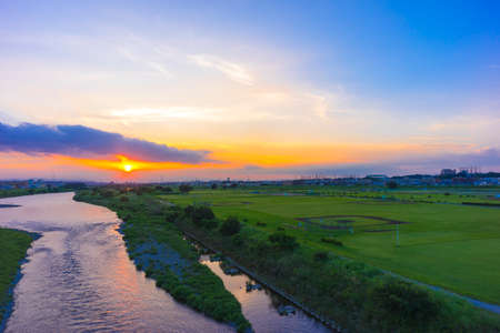 Dusk of the Tama River Tokyo and its riverbedの写真素材