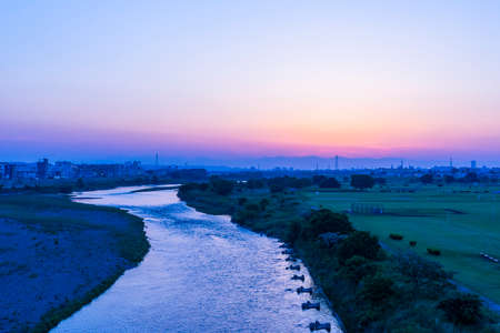 Sunset in Futakotamagawa, Tokyoの写真素材