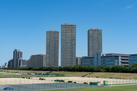 Scenery of skyscrapers along the Tama Riverの写真素材