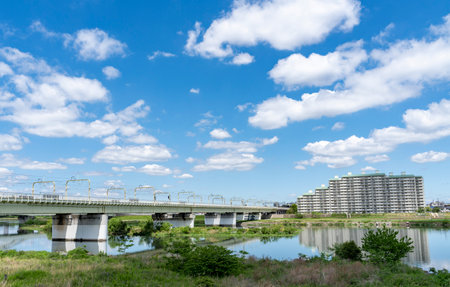 Scenery of the Tama River Noborito, Izumi Tamagawaの写真素材