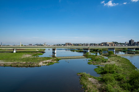 Scenery of the Tama River Noborito, Izumi Tama River riverbedの写真素材