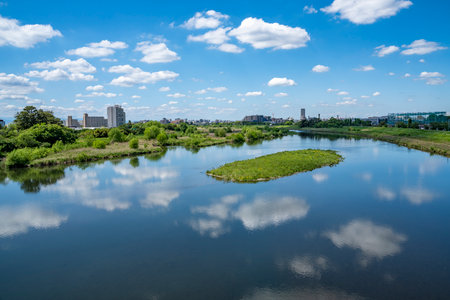 Scenery of the Tama River Noborito, Izumi Tama River riverbedの写真素材