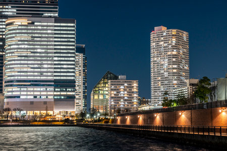 Night view of Toyosu and Harumi in Tokyoの写真素材