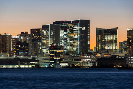Night view of Toyosu and Harumi in Tokyoの写真素材