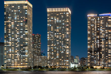 Night view of Toyosu and Harumi in Tokyoの写真素材