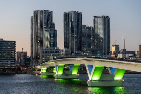 Night view of Toyosu and Harumi in Tokyoの写真素材