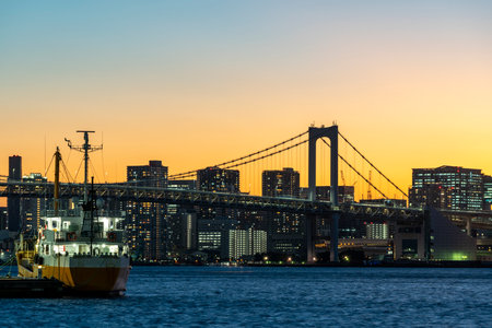 Night view of Toyosu and Harumi in Tokyoの写真素材