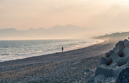Sunset on the beach of the Adriatic Sea in Montenegroの写真素材