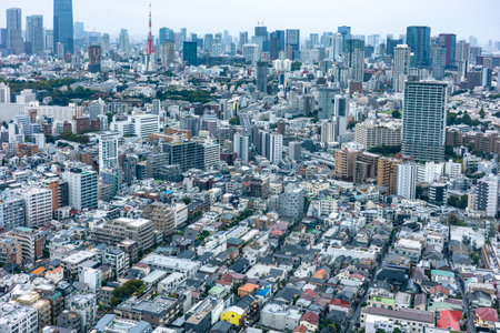Tokyo on a rainy day as seen from a skyscraperの写真素材