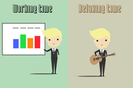 Business man working and relaxing by playing guitarのイラスト素材