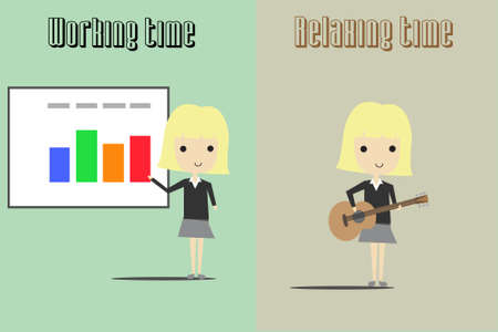 Business woman working and relaxing by playing guitarのイラスト素材