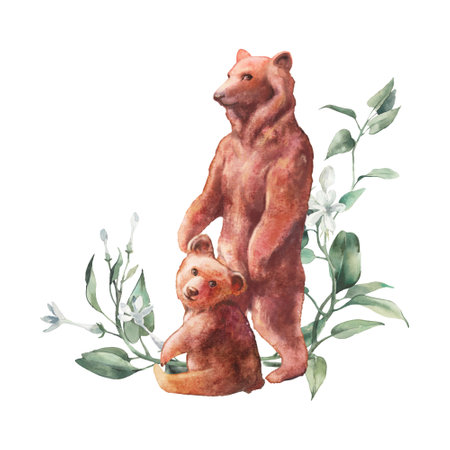 Watercolor bear family with floral arrangement. Baby illustration isolated on white backgroundの写真素材