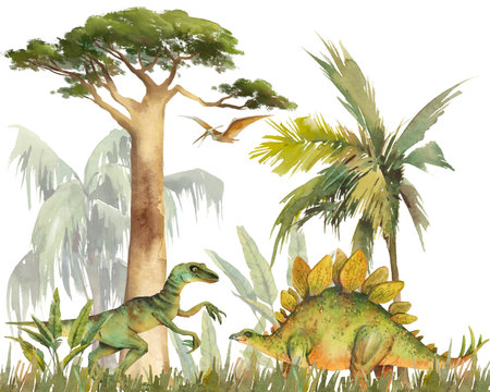 Cartoon dinosaur illustration for wall art, cards, poster. Jurassic scene with reptiles: stegosaurus, velociraptor, pterosaurの写真素材