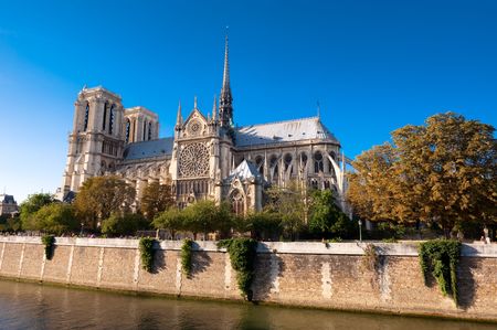 Side view of Notre Dame cathedral, in Paris の写真素材