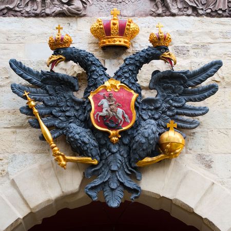 Russian coat of arms, sporting the imperial two-headed eagleの写真素材