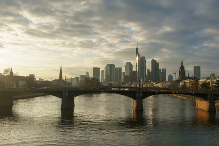 Stunning sunset view of the financial skyline in Frankfurt. Pictures were taken from the...
