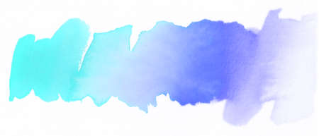 Blue and purple watercolor strokes on white colored paper. Wet pigment bleeds on white paper. Hand-painted gradientの写真素材