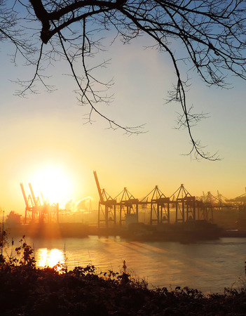 Hamburg Container Harbor in the sunset, winter sceneの写真素材