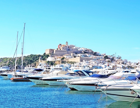Historic city of Ibiza town, Dalt Vila. Harbor view from Marina Botafoch.の写真素材