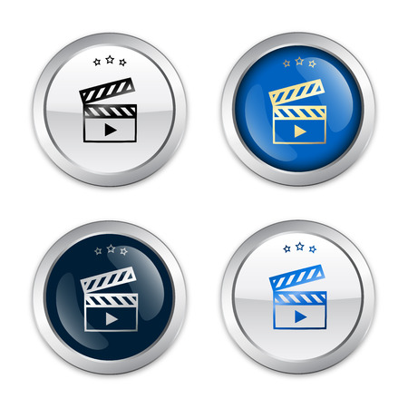 Entertainment seals or icons with movie clapper symbol. Glossy silver seals or buttons.のイラスト素材
