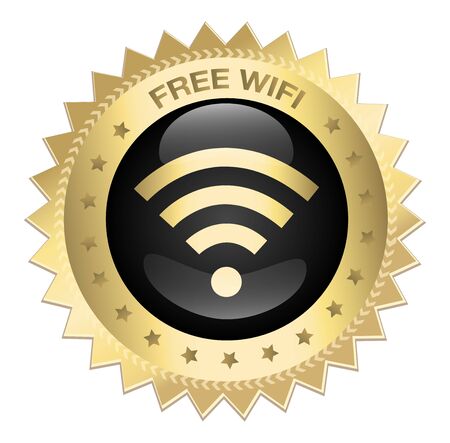 Free Wifi guaranteed seal or icon with Wifi symbol. Glossy golden seal or button with stars.のイラスト素材