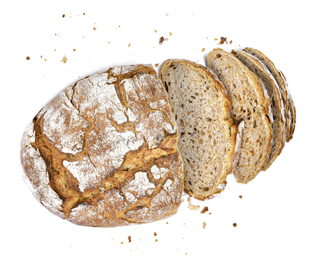 Fresh rye bread or whole grain bread. Isolated object on white background. Healthy baked bread, whole bread on white background.の写真素材