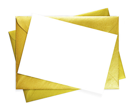 Golden envelope and white card with copy space, isolated on white background. Shiny gold envelope, greeting card or invitation mailing.の写真素材