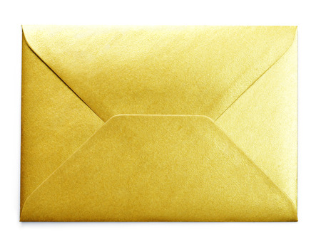 Golden envelope with copy space, isolated on white background. Shiny gold envelope, greeting card or...