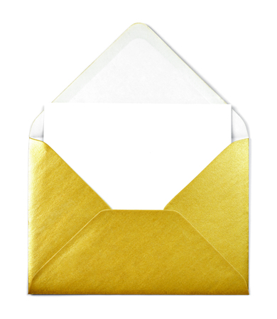 Golden envelope and white card with copy space, isolated on white background. Shiny gold envelope, greeting card or invitation mailing.の写真素材