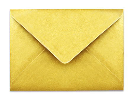 Golden envelope with copy space, isolated on white background. Shiny gold envelope, greeting card or invitation mailing.の写真素材