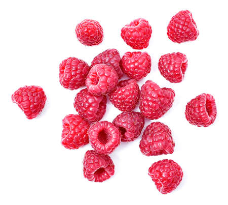Fresh raspberries, isolated on white background. Arrangement of raspberry fruits, cut out objects,...