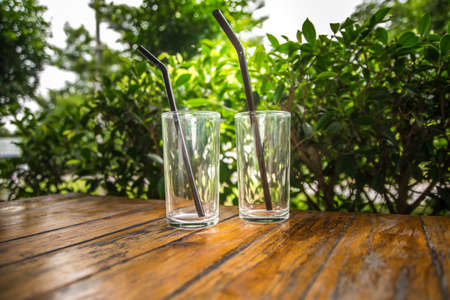 Glass of drinking water put on the table.の写真素材