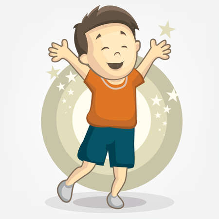 Happy kid illustration cartoon series. Little boy rejoiced as he raised his handのイラスト素材